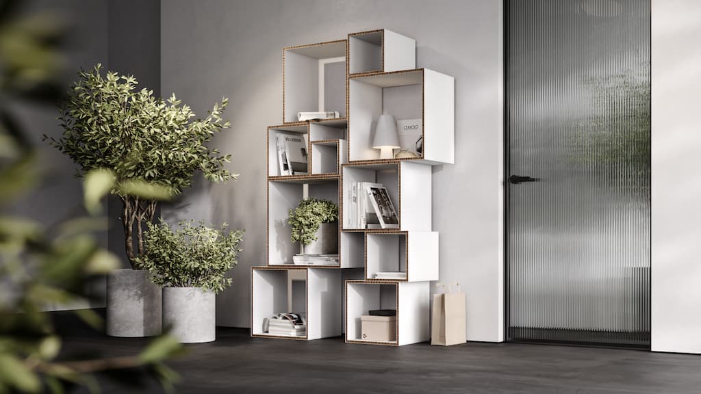 Regal aus Wellpappe. Die Regale lassen sich genau wie Regale aus Holz nutzen.